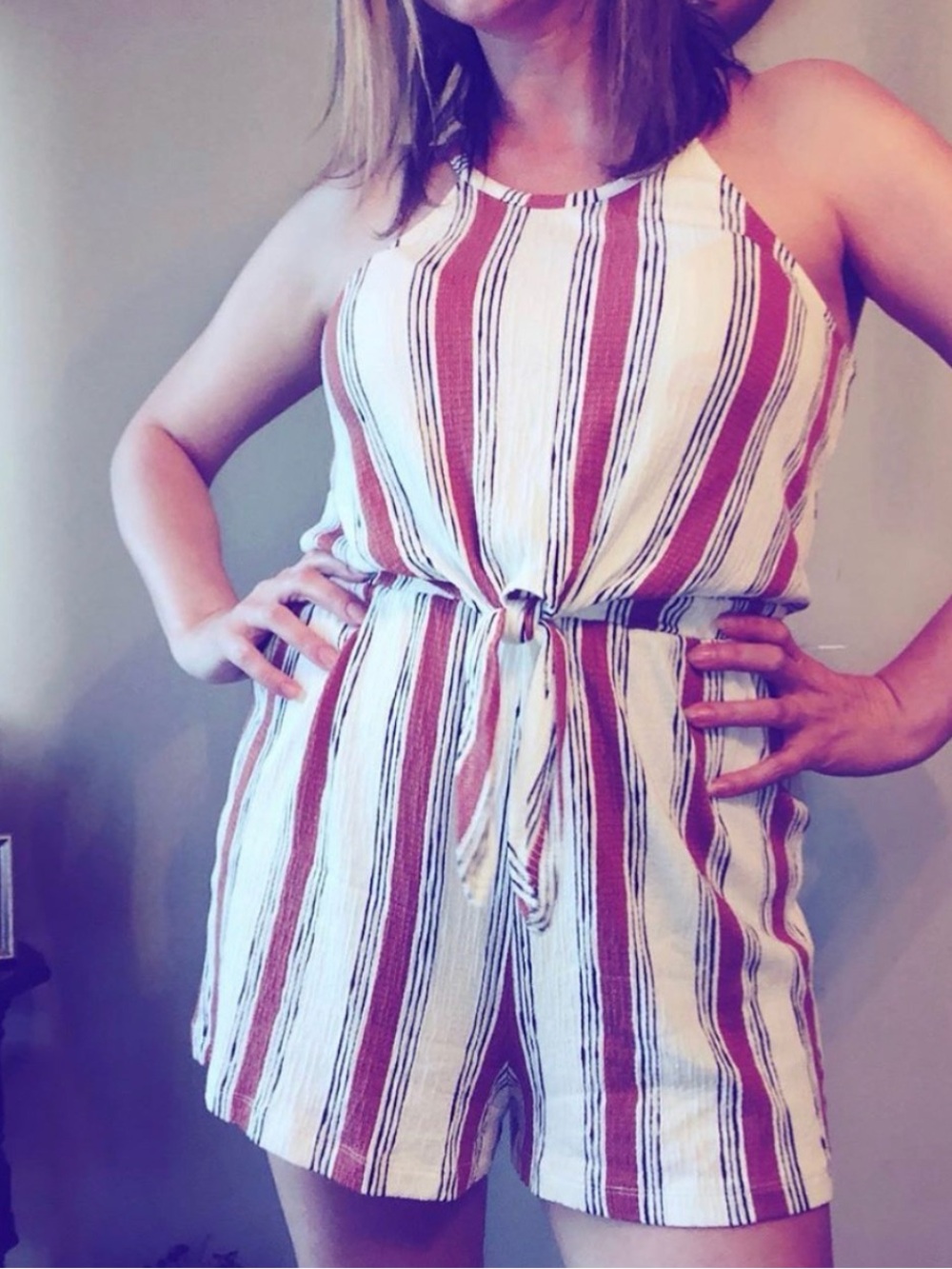 Love Tree Striped Halter Romper Size Large Boho Summer Tie Front Boutique
